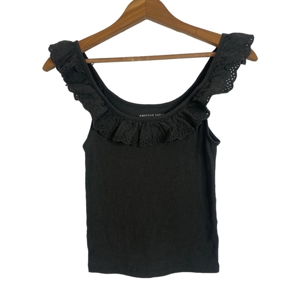 American Eagle Dark Gray Ruffled Crop Tank XS